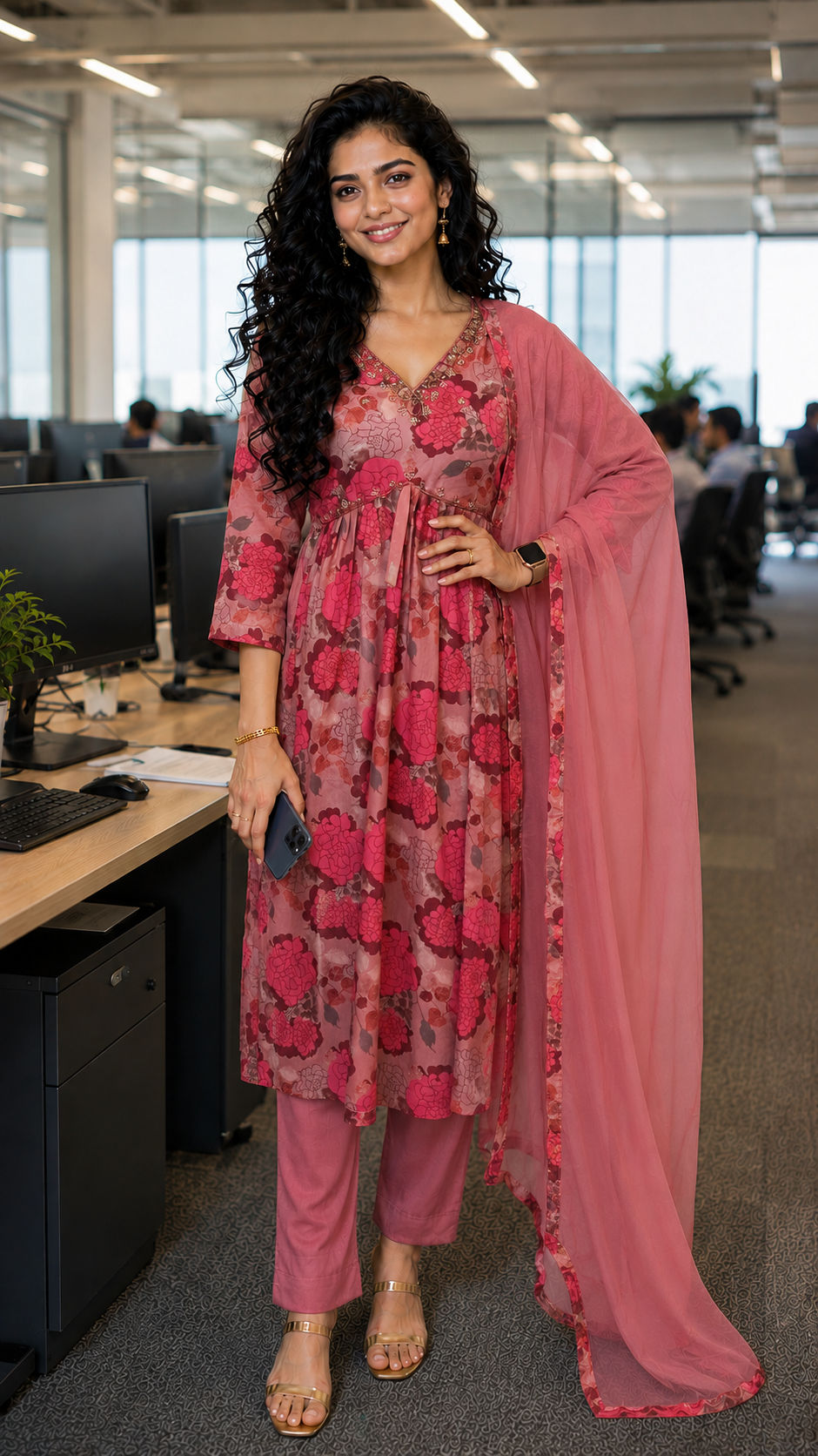 Pure Muslin in magenta color floral designs with neck work. - YCS044