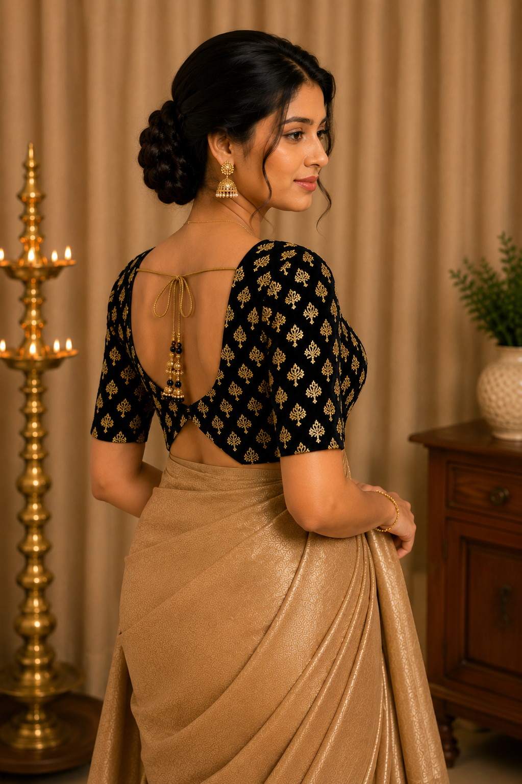 Unstitched Black Color Velvet Blouse Material With Printed Gold Bhutta - 1M -BVW001