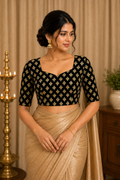 Unstitched Black Color Velvet Blouse Material With Printed Gold Bhutta - 1M -BVW001