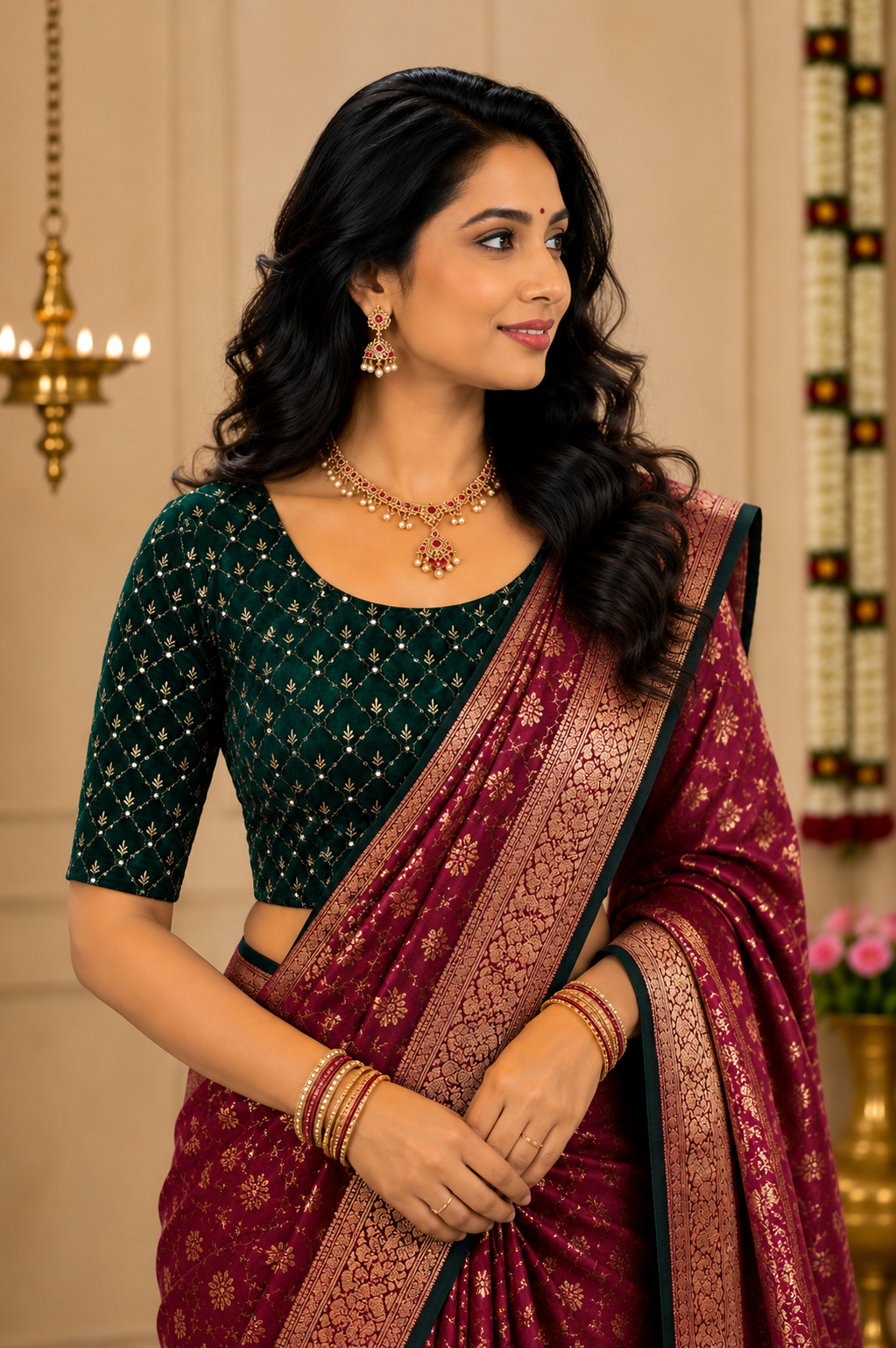 Unstitched Green Velvet Blouse Material With Embroidery Work - 1M -BVW004