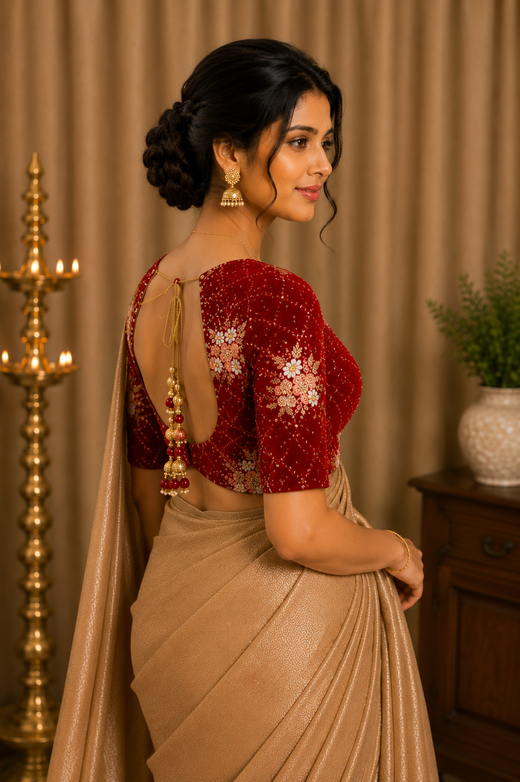 Unstitched Red Color Velvet Blouse Material With Embroidery - 1M -BVW005