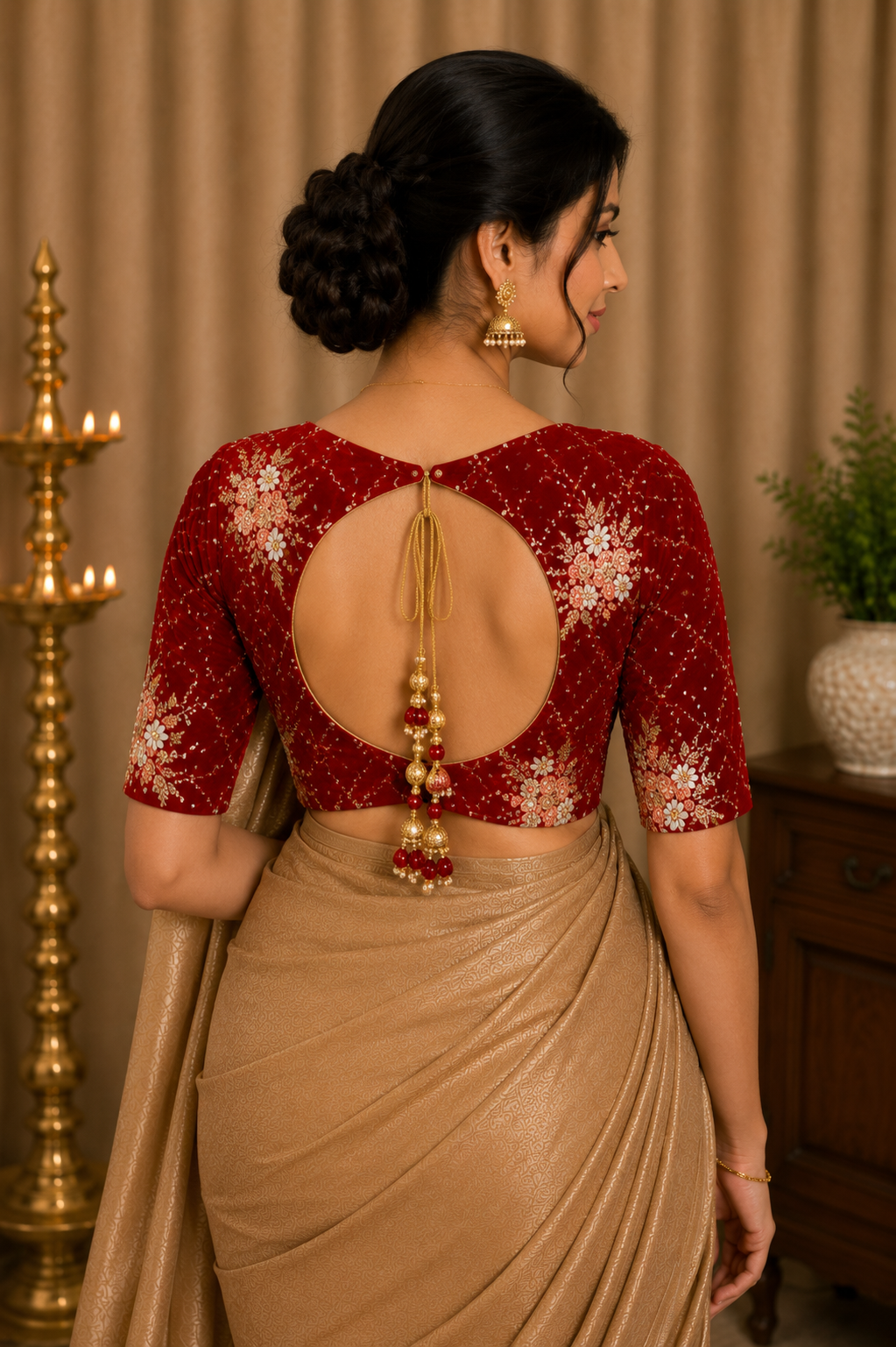 Unstitched Red Color Velvet Blouse Material With Embroidery - 1M -BVW005