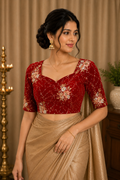 Unstitched Red Color Velvet Blouse Material With Embroidery - 1M -BVW005