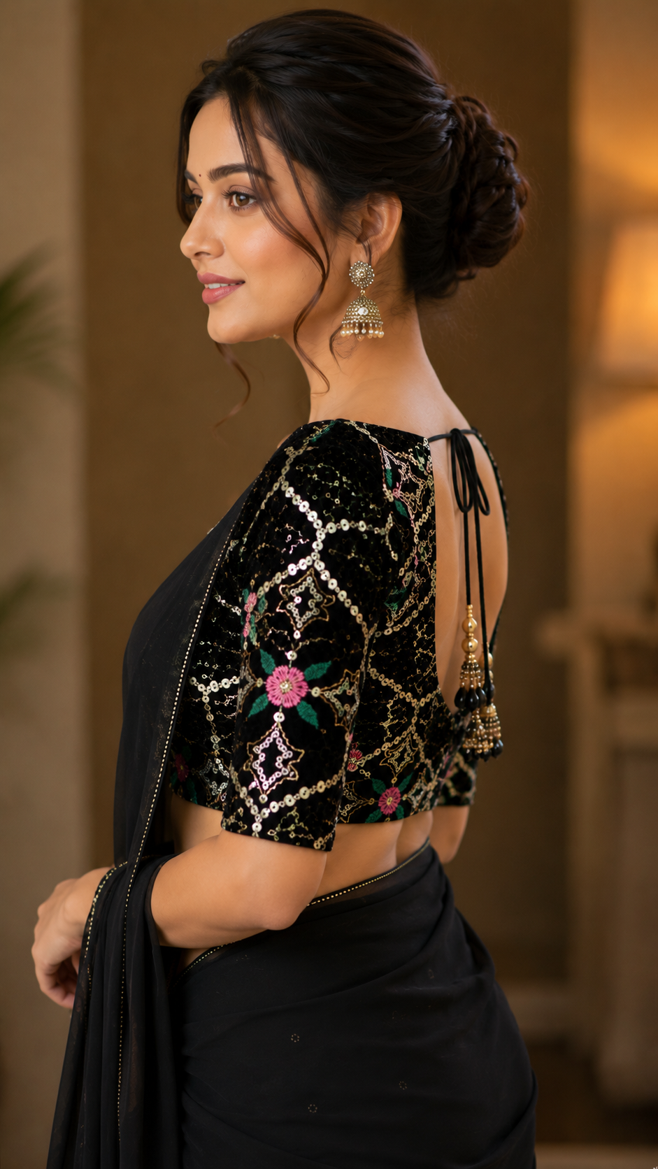 Unstitched BlackVelvet Blouse Material With Embroidery Work - 1M -BVW007