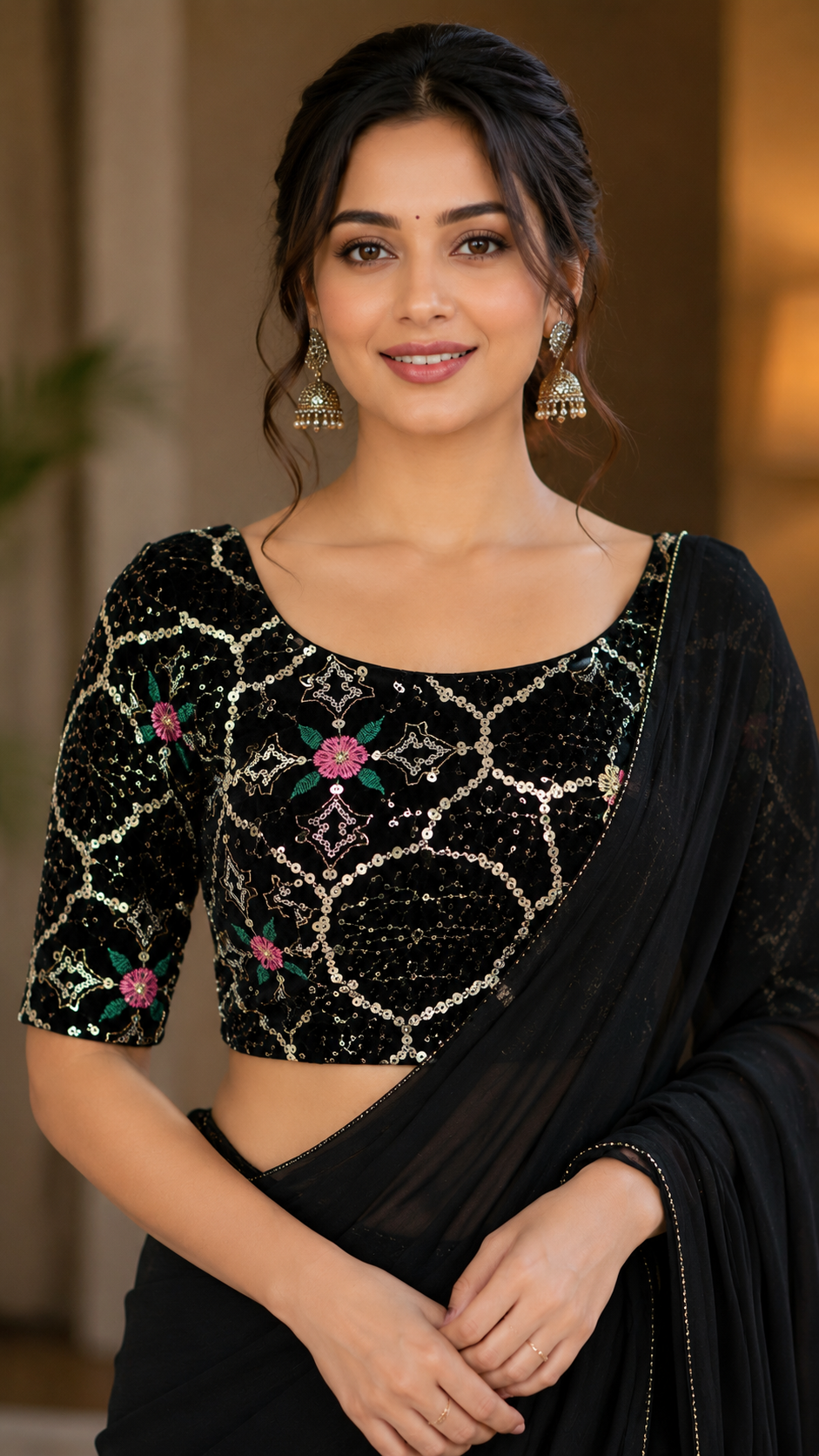 Unstitched BlackVelvet Blouse Material With Embroidery Work - 1M -BVW007