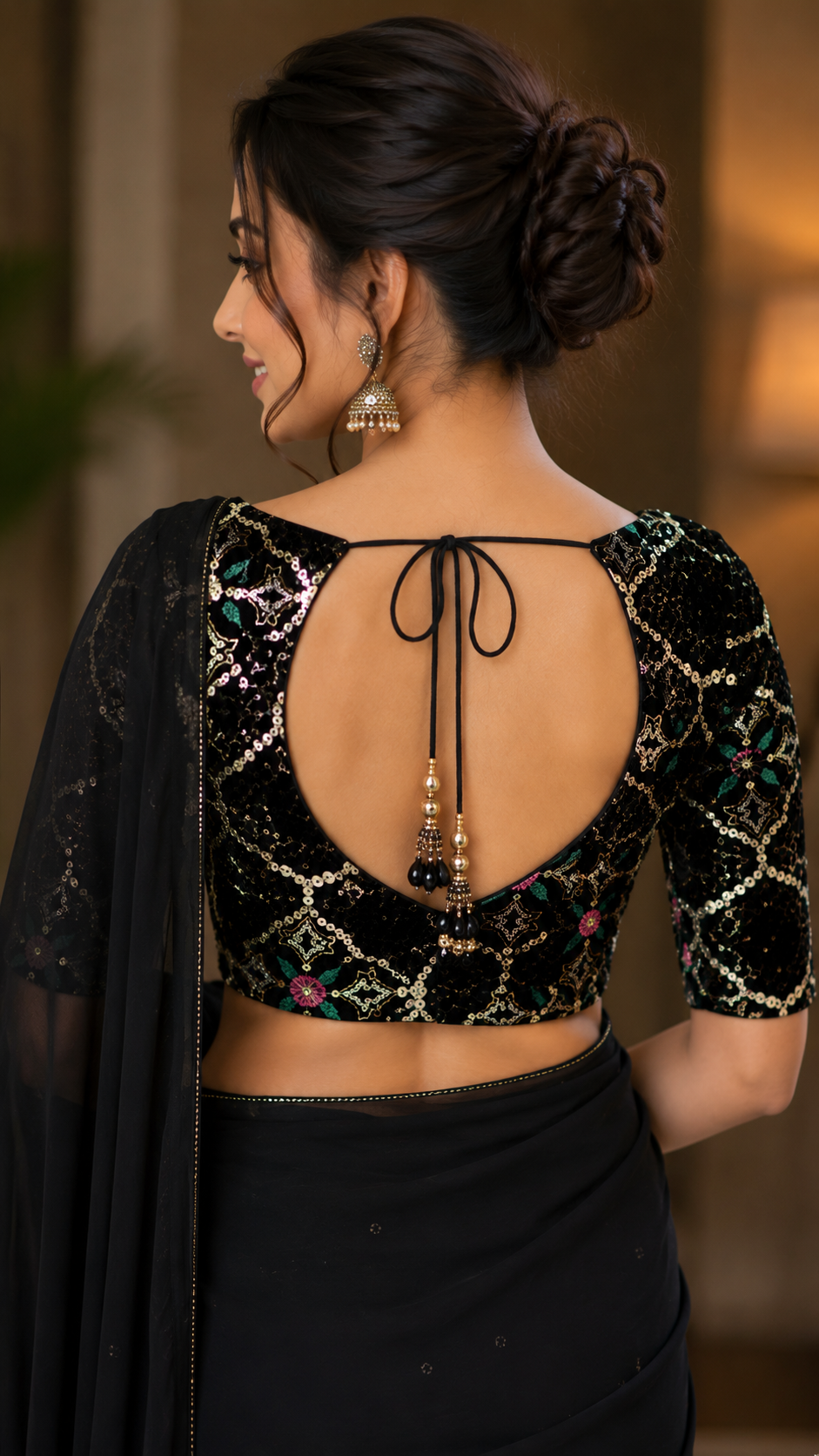 Unstitched BlackVelvet Blouse Material With Embroidery Work - 1M -BVW007