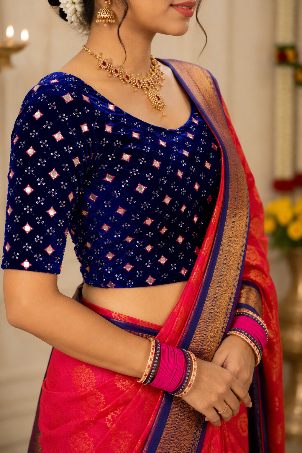 Unstitched Royal Blue Velvet Blouse Material With Embroidery Mirror Work - 1M -BVW008