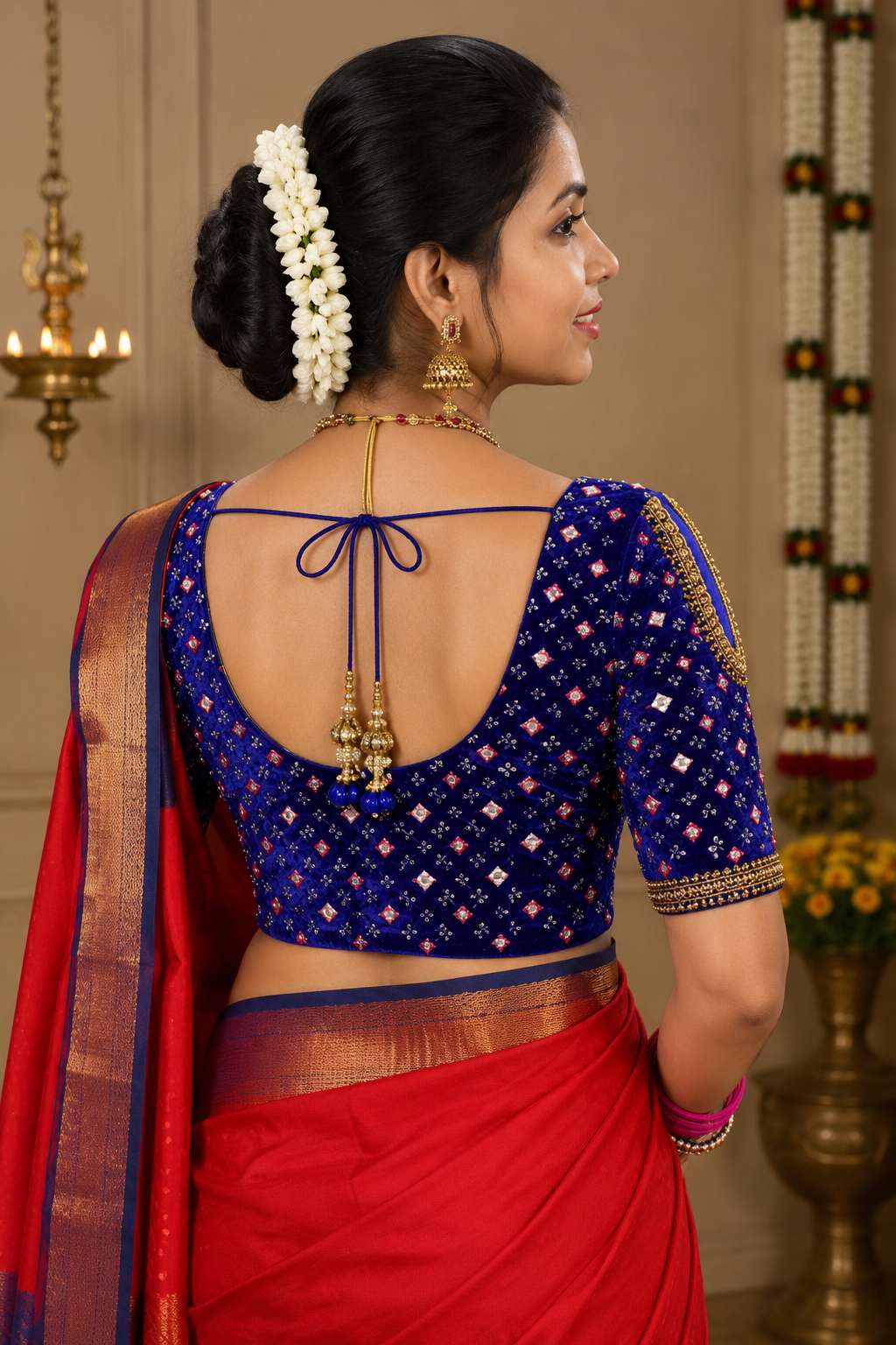 Unstitched Royal Blue Velvet Blouse Material With Embroidery Mirror Work - 1M -BVW008
