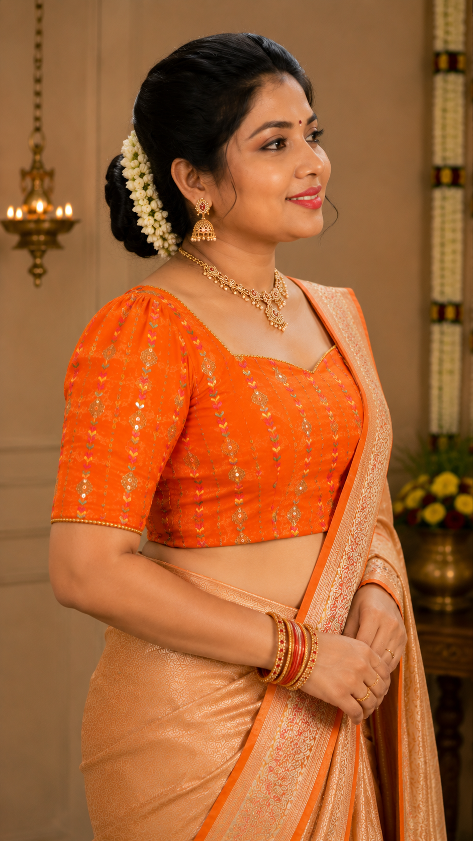 Unstitched Orange Velvet Blouse Material With Embroidery Work - 1M -BVW009