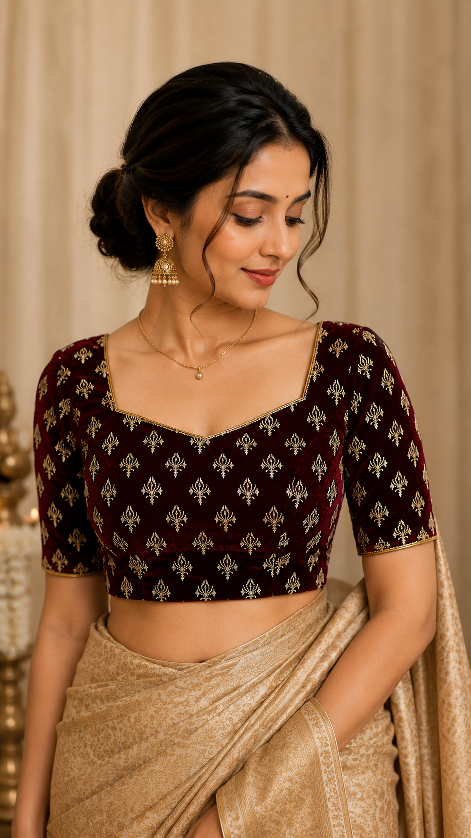 Unstitched Wine Color Velvet Blouse Material With Printed Gold Bhutta - 1M -BVW010
