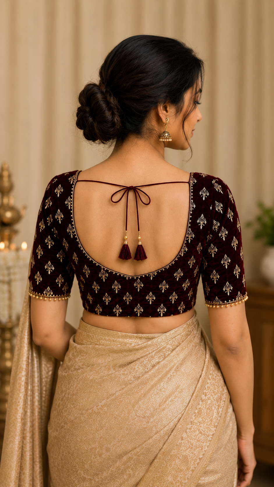 Unstitched Wine Color Velvet Blouse Material With Printed Gold Bhutta - 1M -BVW010