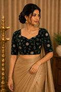 Unstitched Bottel Green Velvet Blouse Material With Embroidery Work - 1M -BVW011