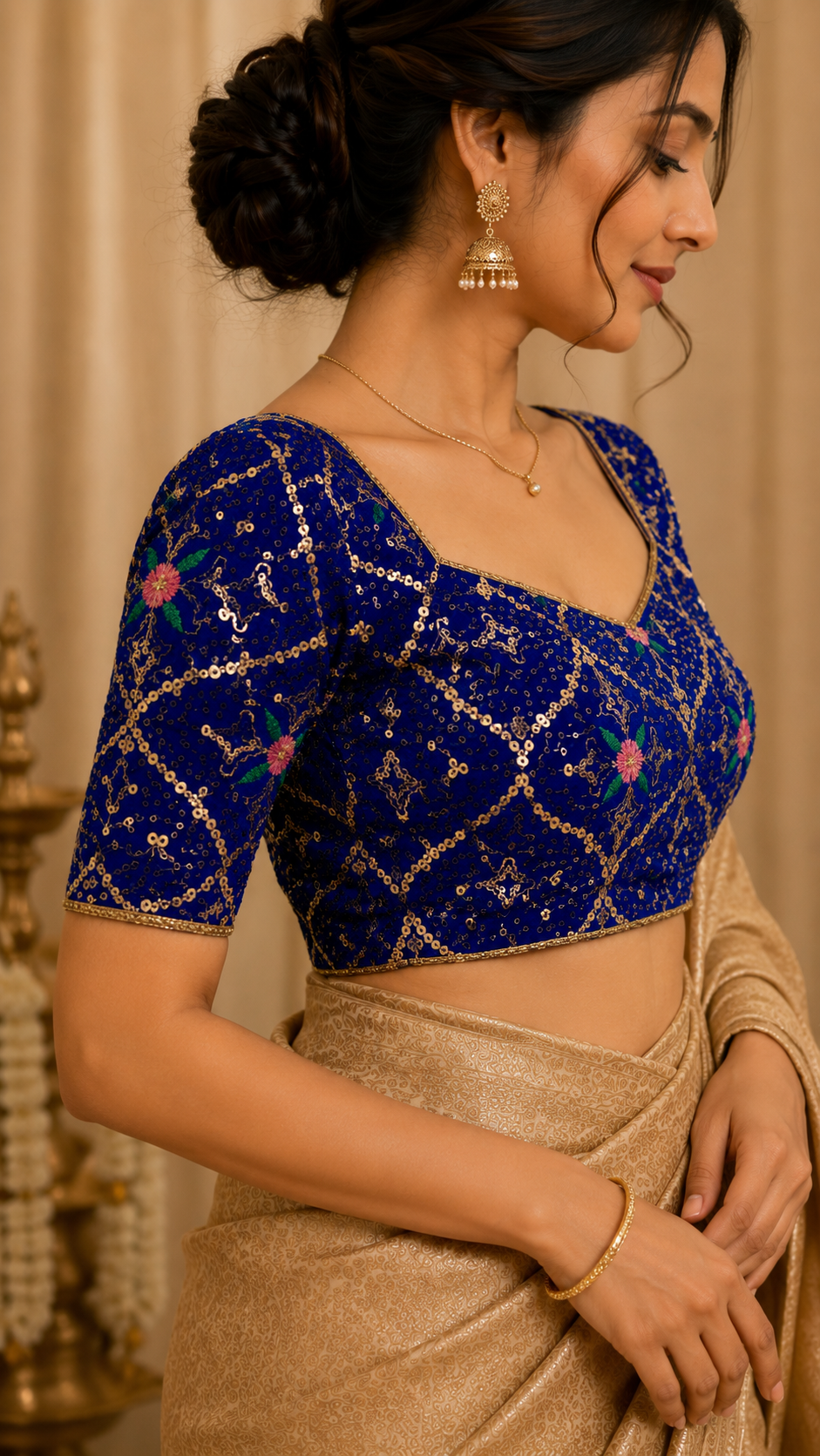 Unstitched Royal Blue Velvet Blouse Material With Embroidery Work - 1M -BVW013