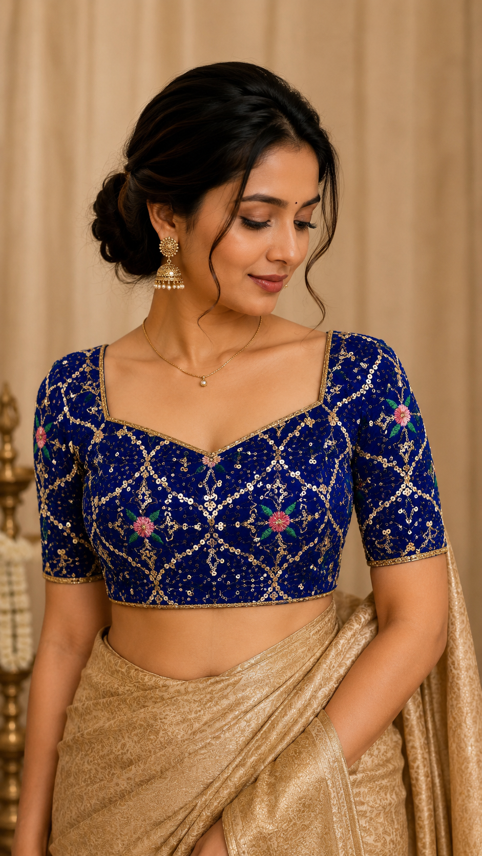 Unstitched Royal Blue Velvet Blouse Material With Embroidery Work - 1M -BVW013