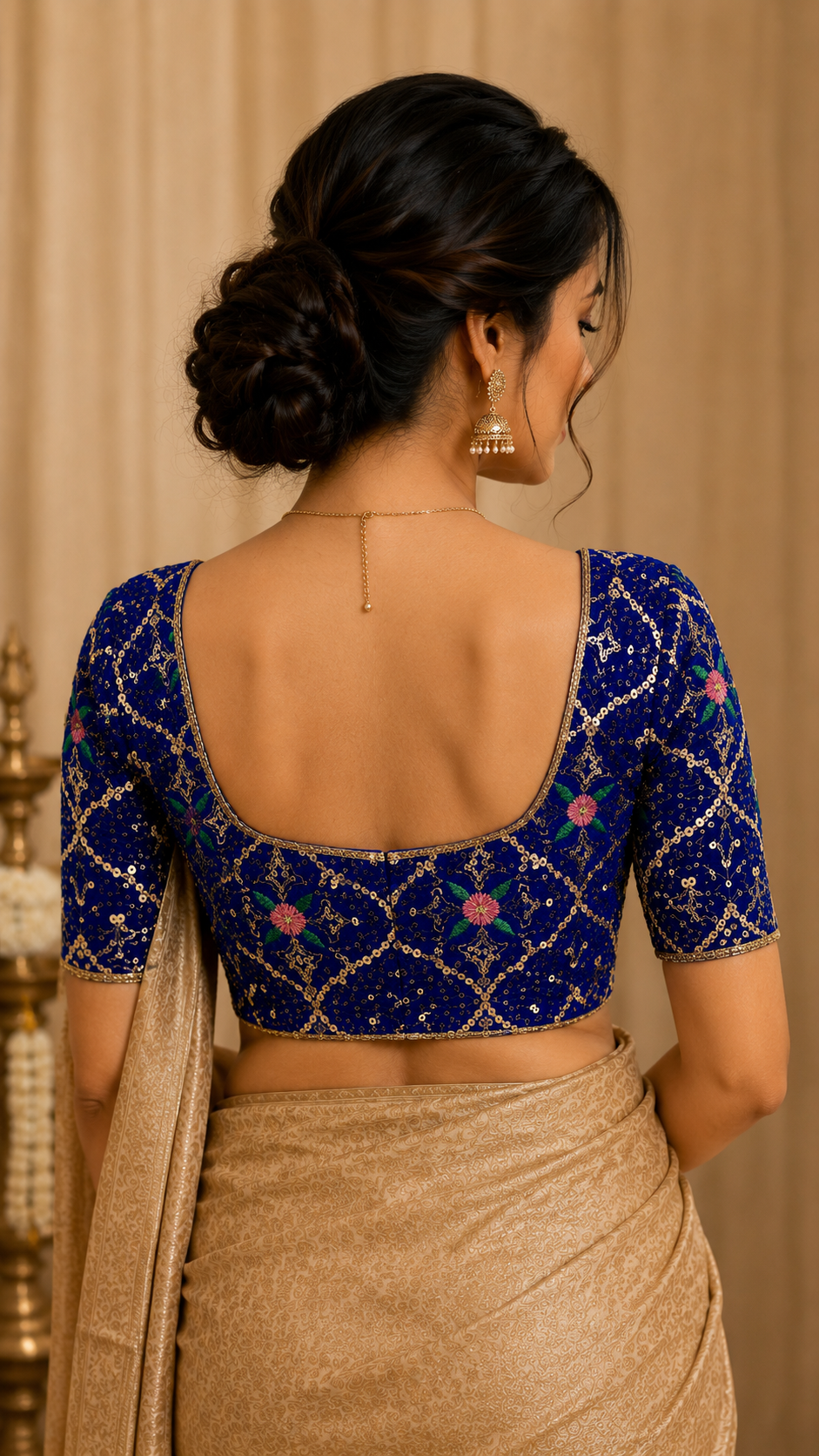 Unstitched Royal Blue Velvet Blouse Material With Embroidery Work - 1M -BVW013