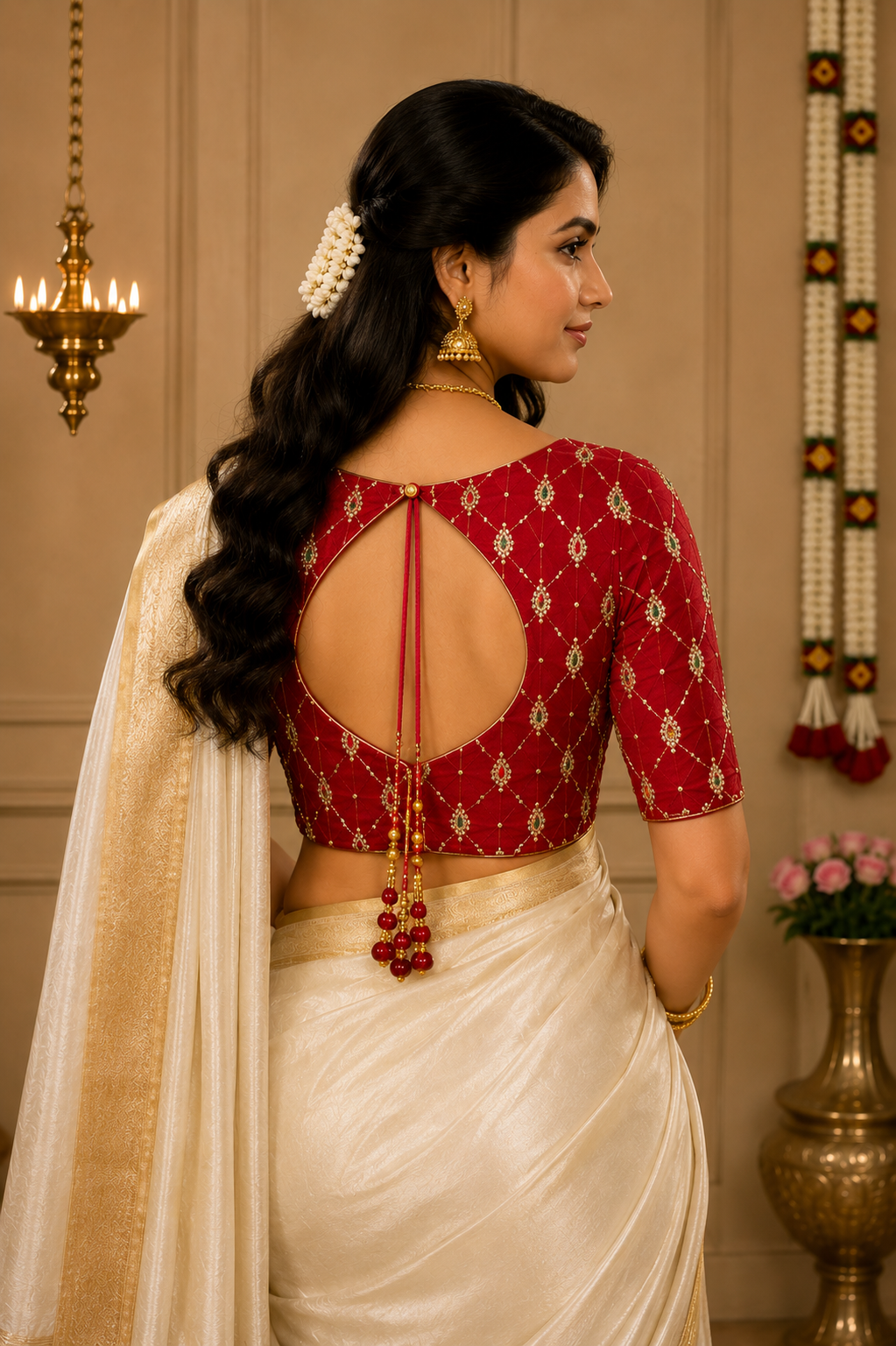 Unstitched Red Velvet Blouse Material With Embroidery Work - 1M -BVW016