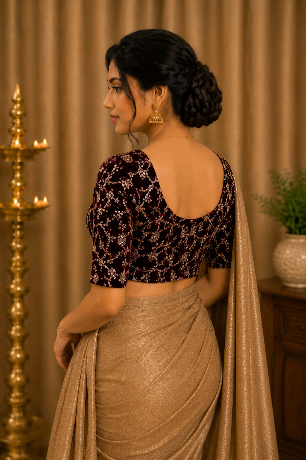Unstitched Wine Velvet Blouse Material With Embroidery Work - 1M -BVW017