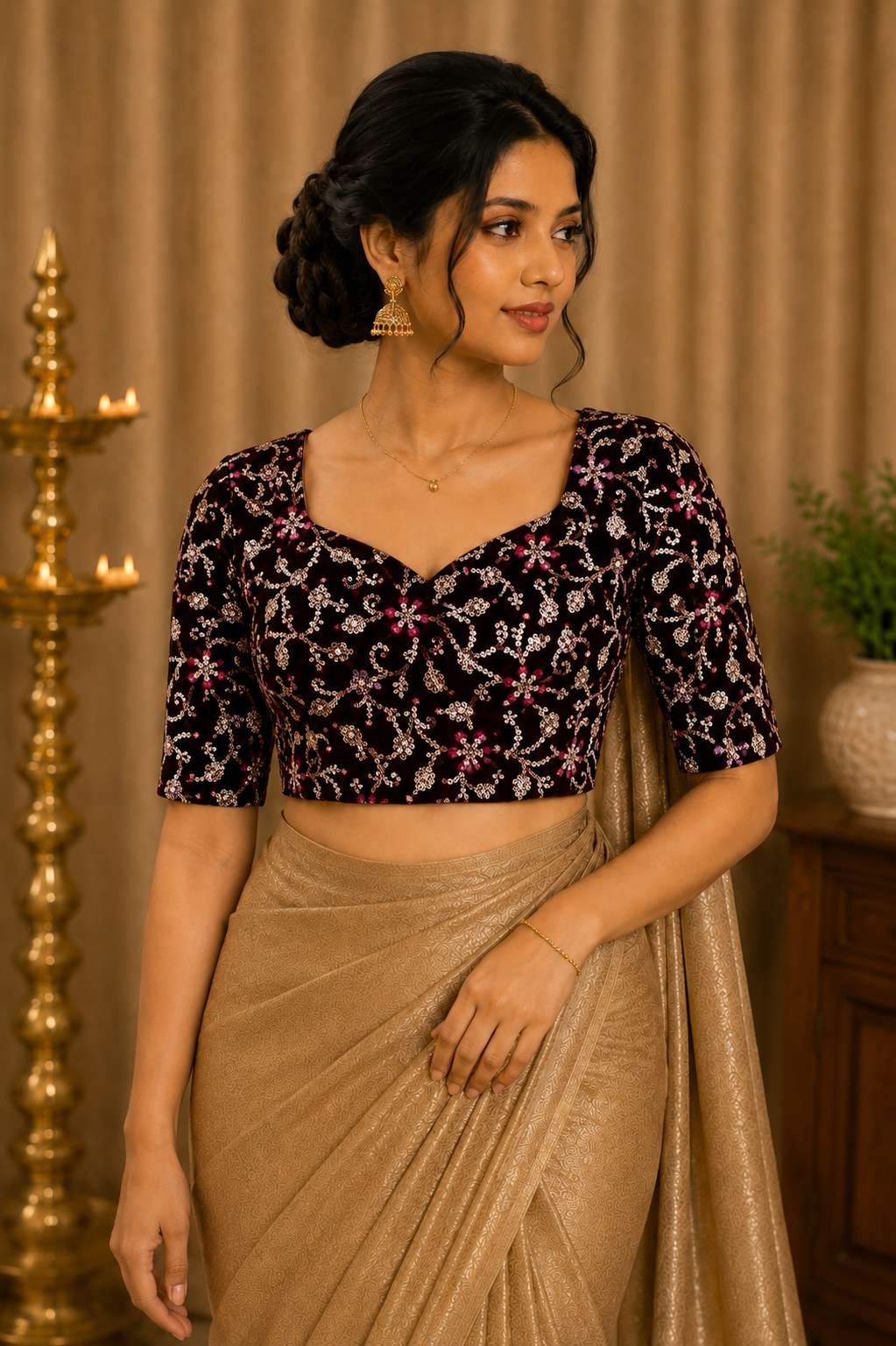 Unstitched Wine Velvet Blouse Material With Embroidery Work - 1M -BVW017
