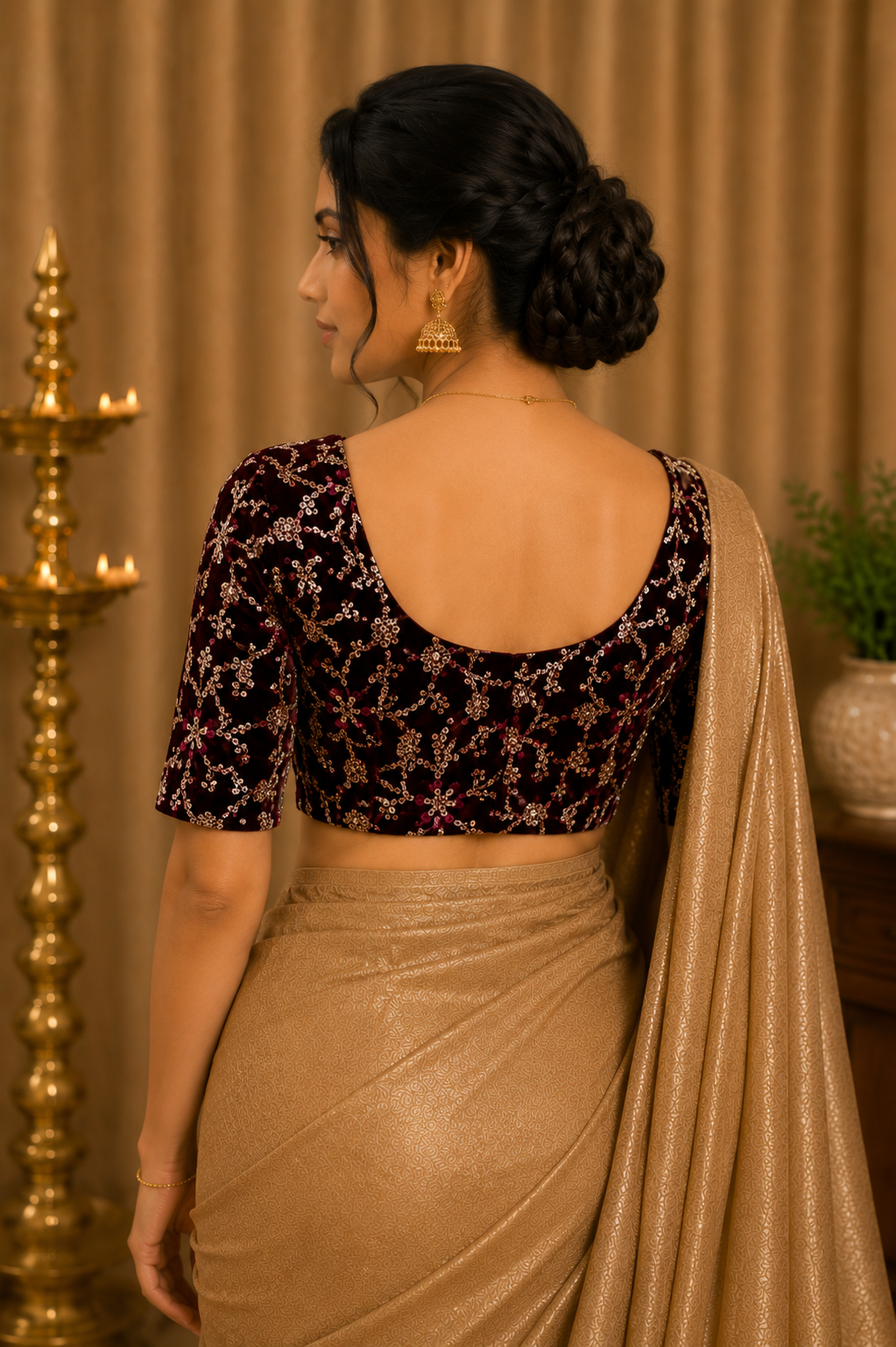 Unstitched Wine Velvet Blouse Material With Embroidery Work - 1M -BVW017