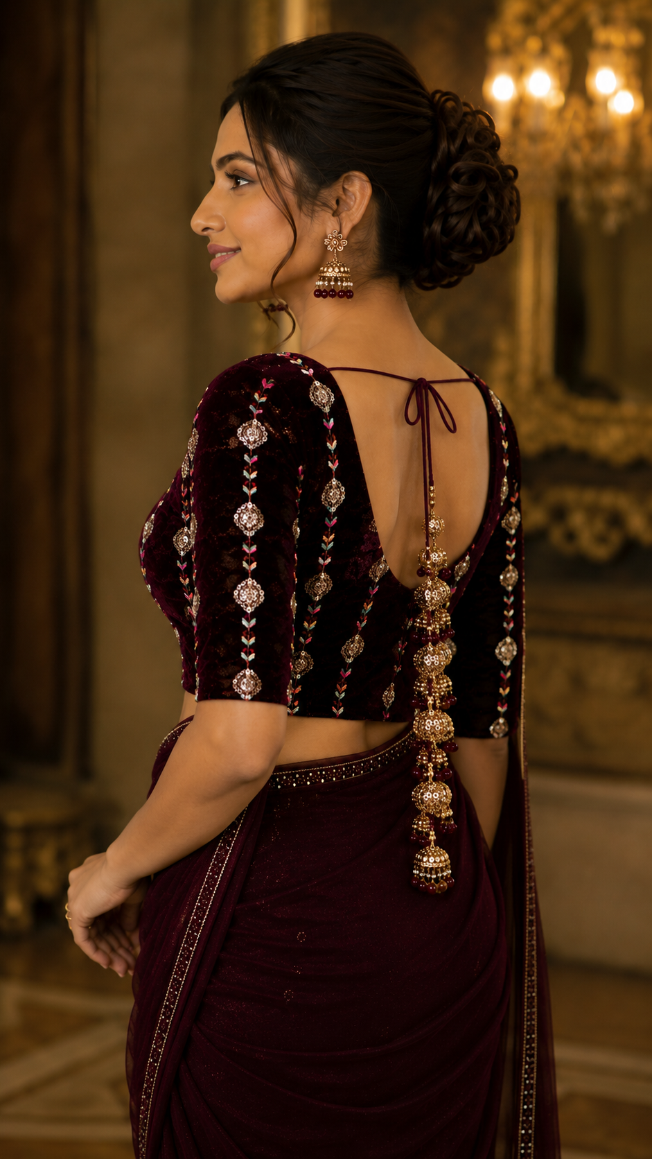 Unstitched Wine Velvet Blouse Material With Embroidery Work - 1M -BVW019