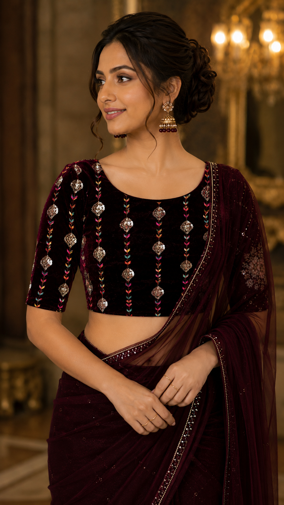 Unstitched Wine Velvet Blouse Material With Embroidery Work - 1M -BVW019