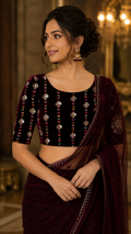 Unstitched Wine Velvet Blouse Material With Embroidery Work - 1M -BVW019