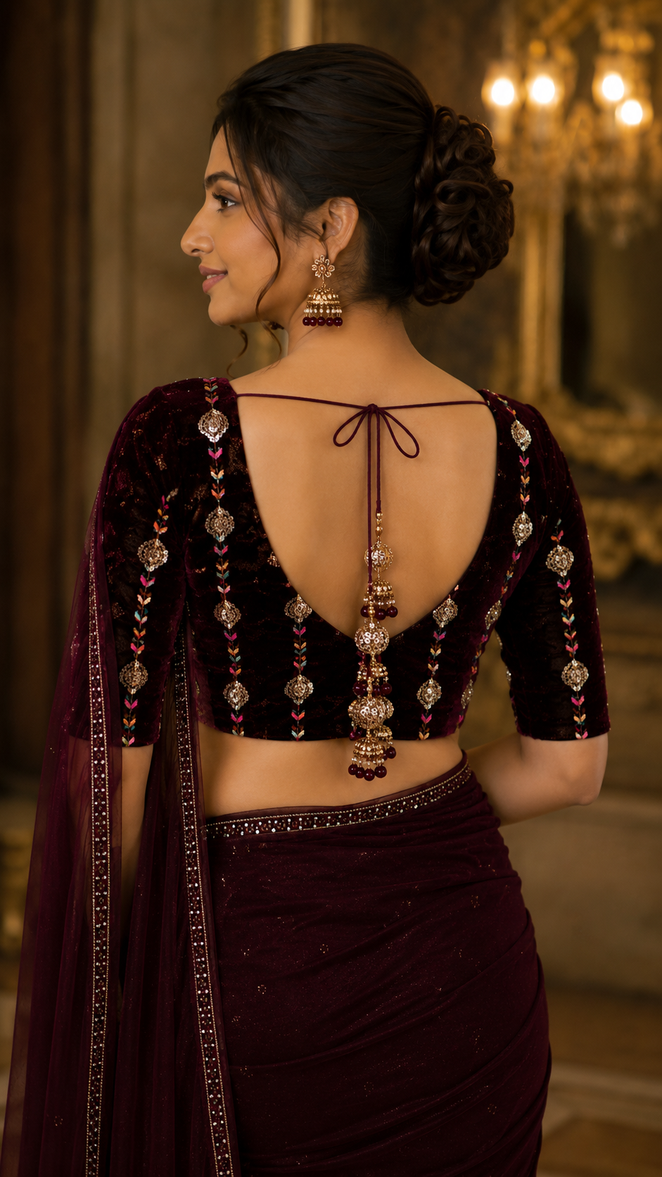 Unstitched Wine Velvet Blouse Material With Embroidery Work - 1M -BVW019