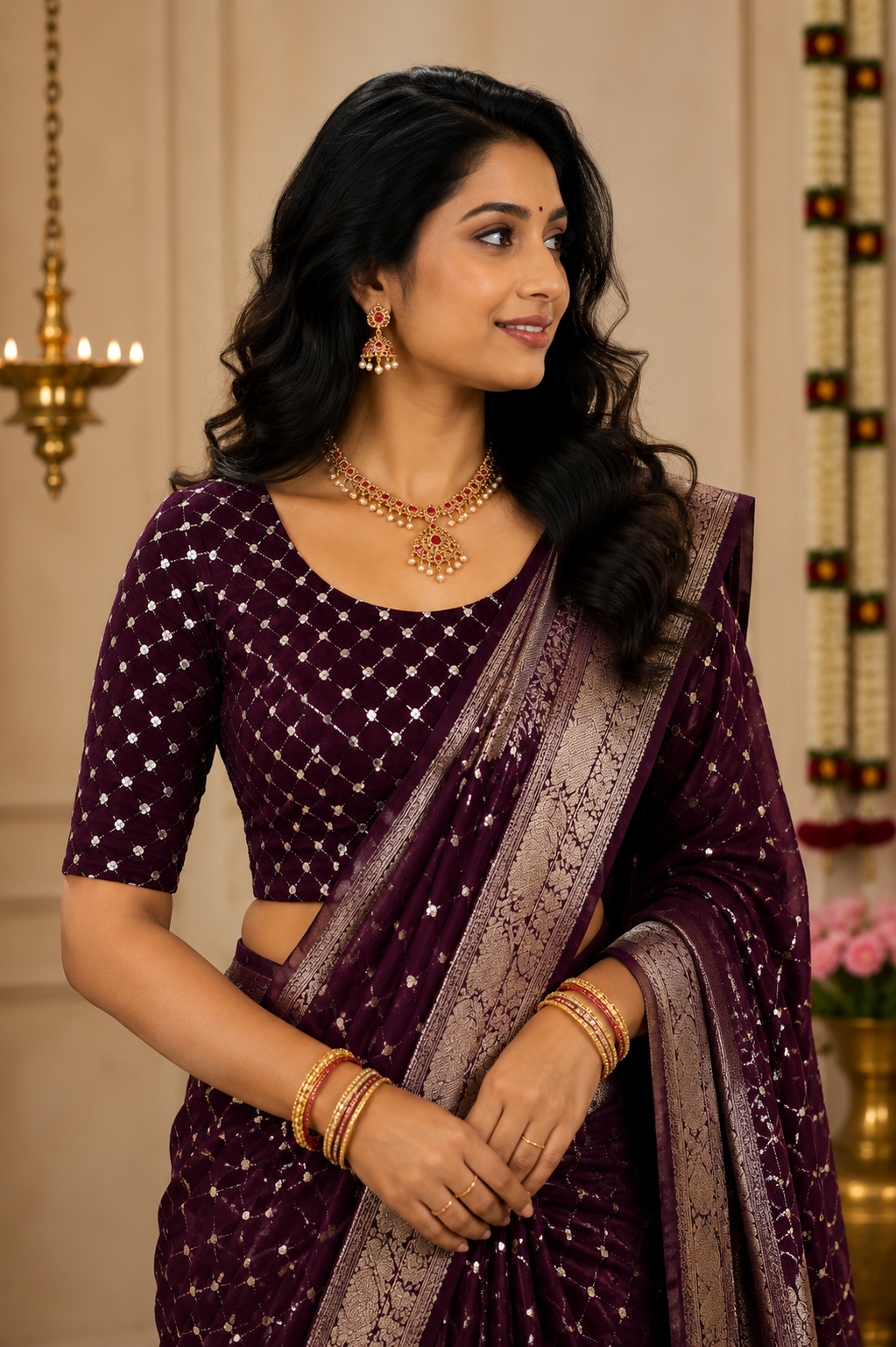 Unstitched Wine Velvet Blouse Material With Embroidery Work - 1M -BVW020