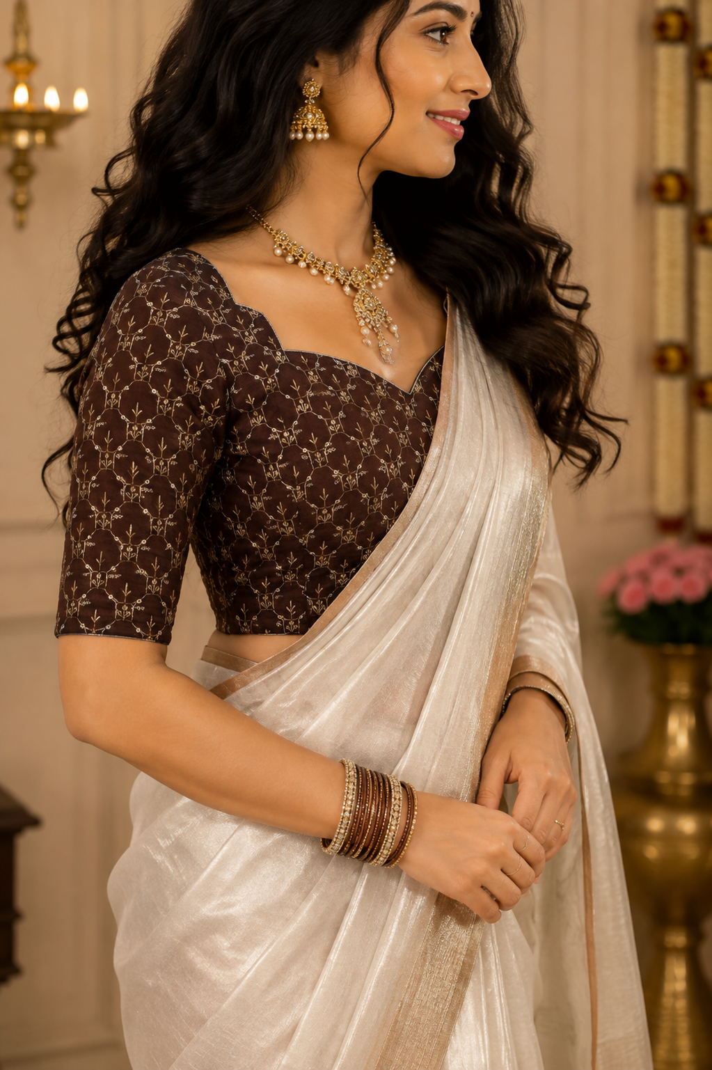 Unstitched Brown Velvet Blouse Material With Embroidery Work - 1M -BVW021