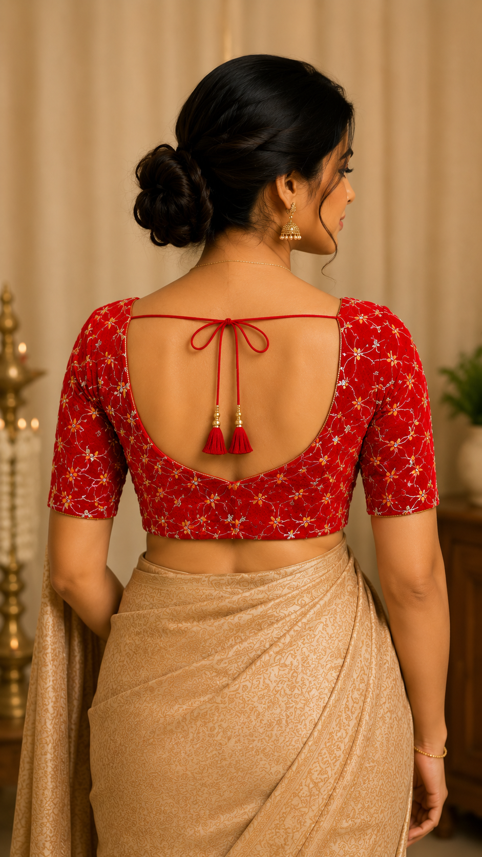 Unstitched Red Velvet Blouse Material With Embroidery Work - 1M -BVW023