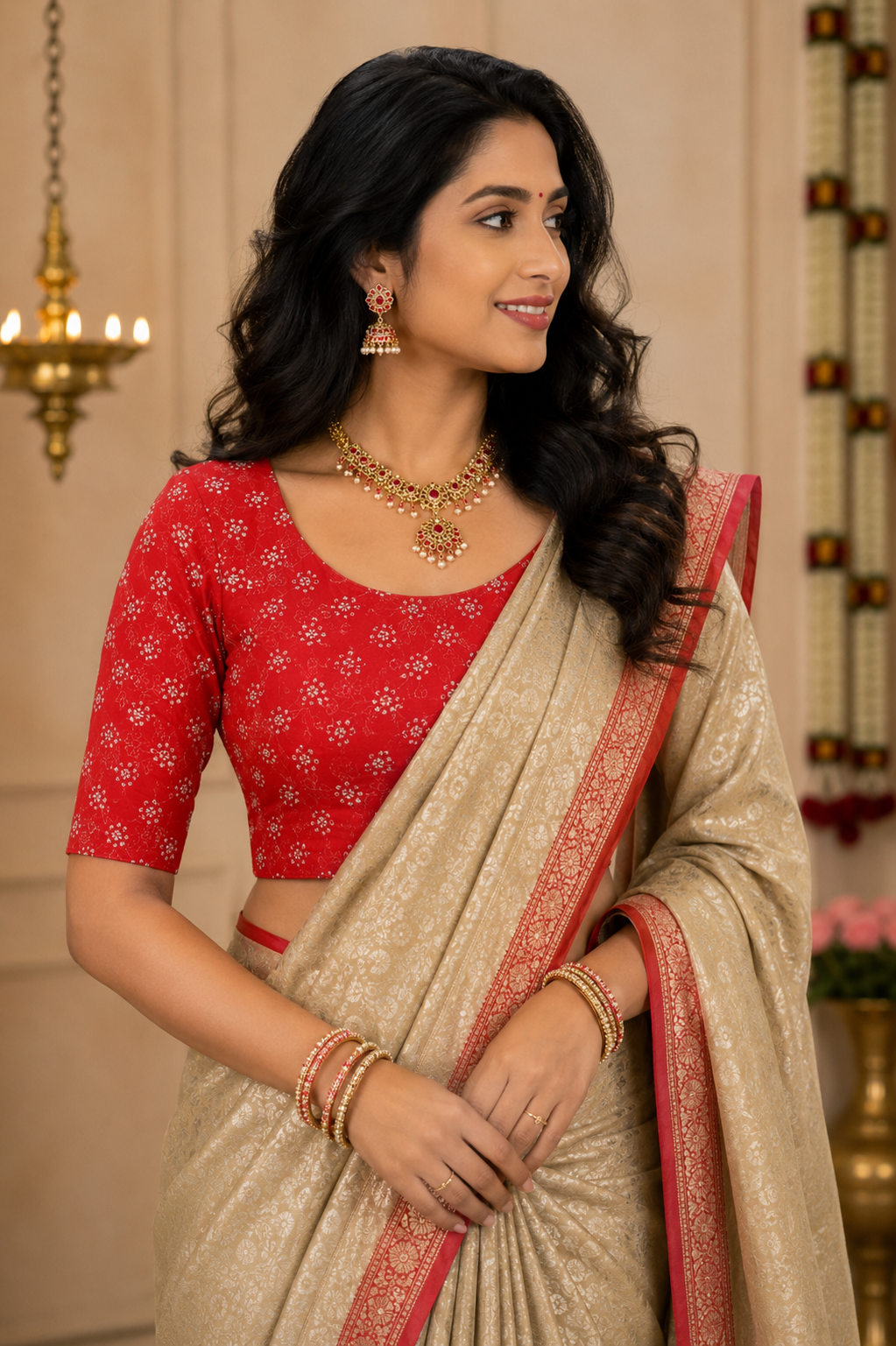 Unstitched Red Velvet Blouse Material With Embroidery Work - 1M -BVW024