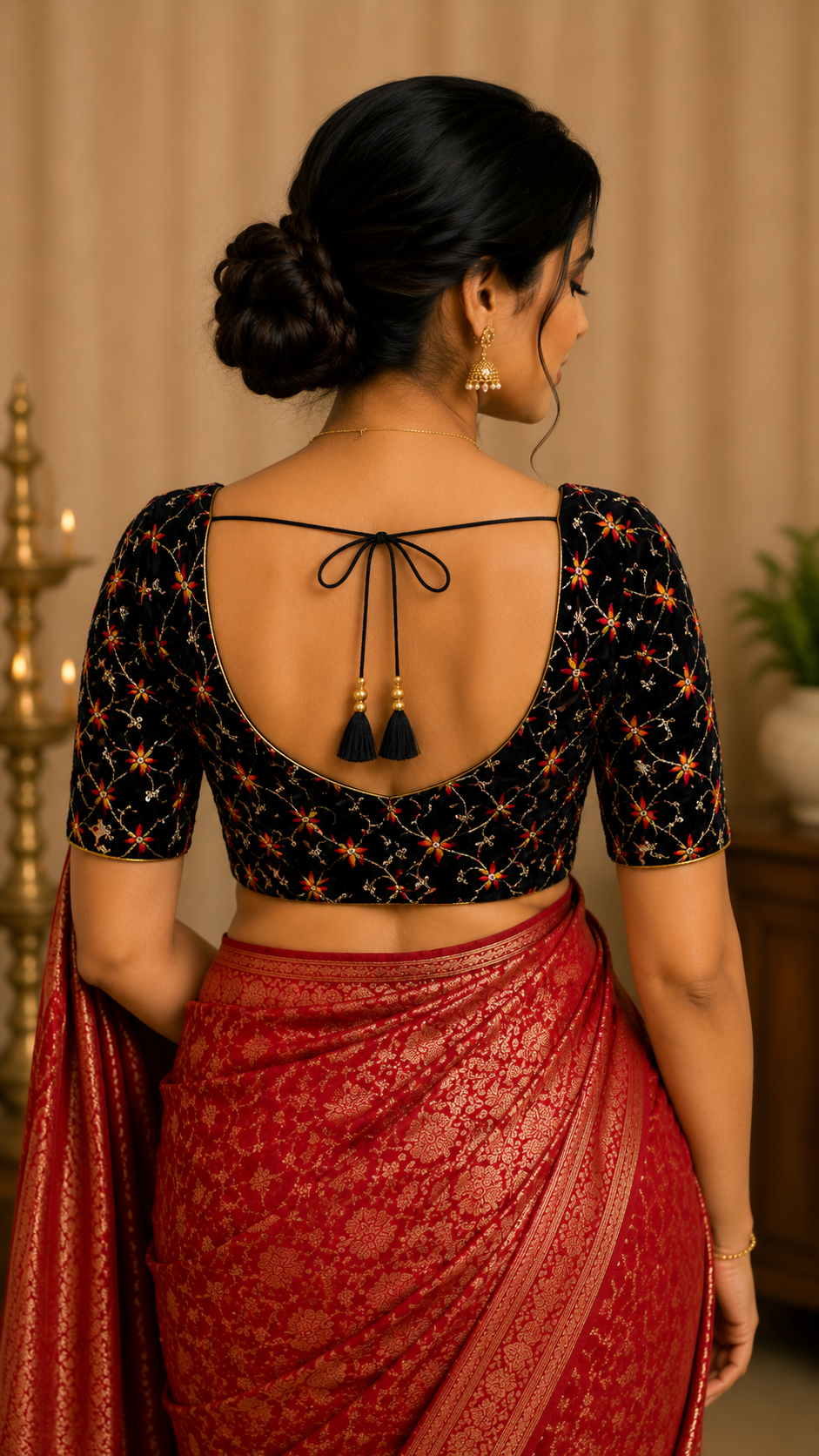 Unstitched Black Velvet Blouse Material With Embroidery Work - 1M -BVW025