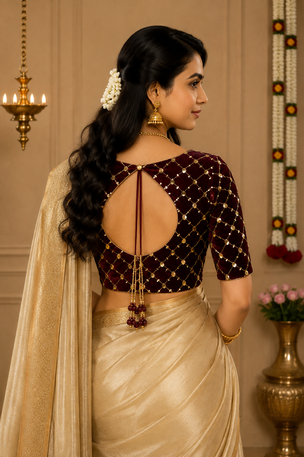 Unstitched Brown Velvet Blouse Material With Embroidery Work - 1M -BVW026