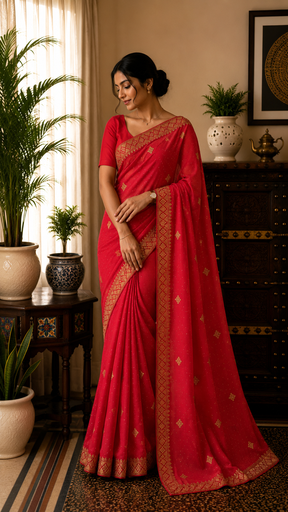 Peach Designer Saree In Chiffon Georgette With Stone Work