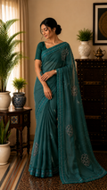 Teal Green Velvet rhinestone border vichitra designer saree with blouse