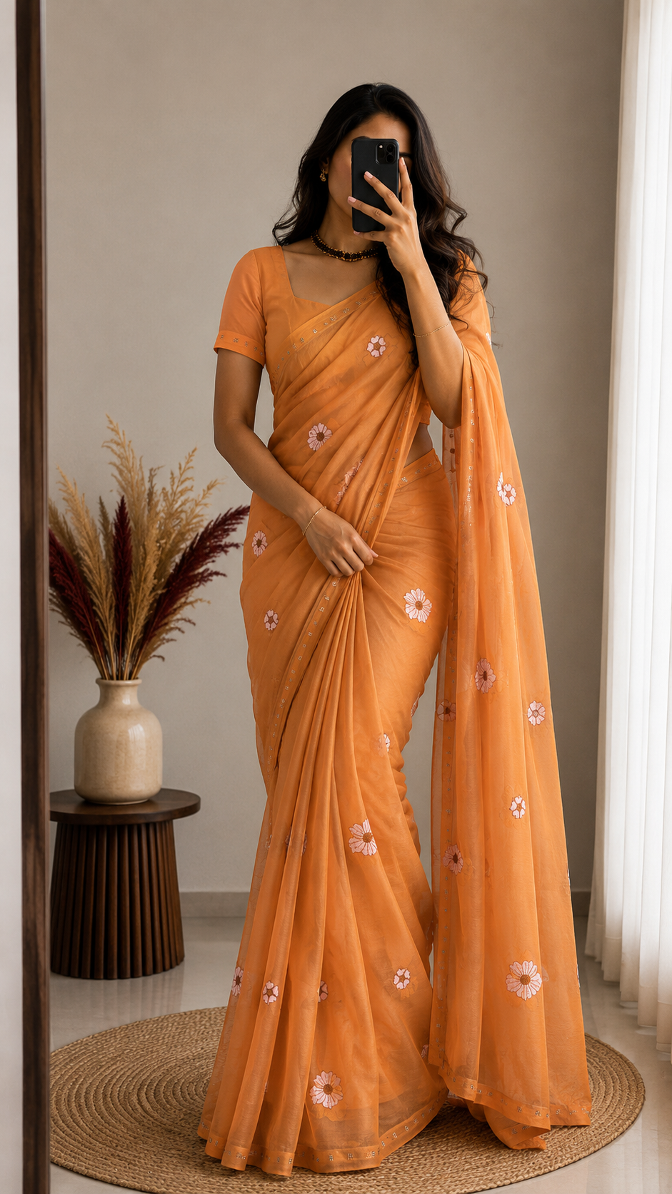 Peach georgette with embroidery and stone work