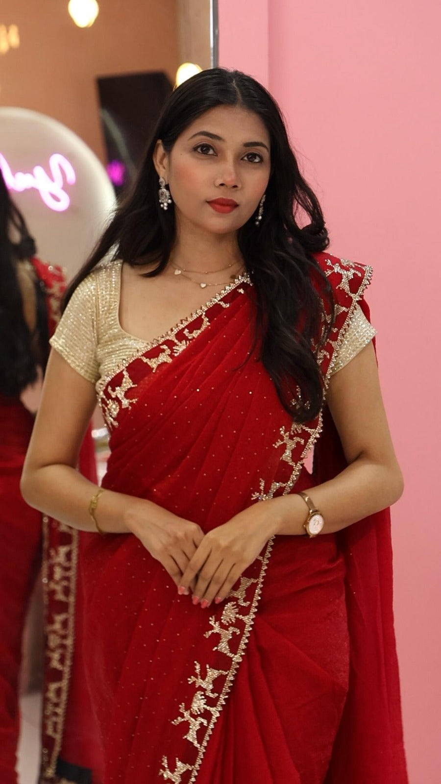 Premium Red Deer designer saree