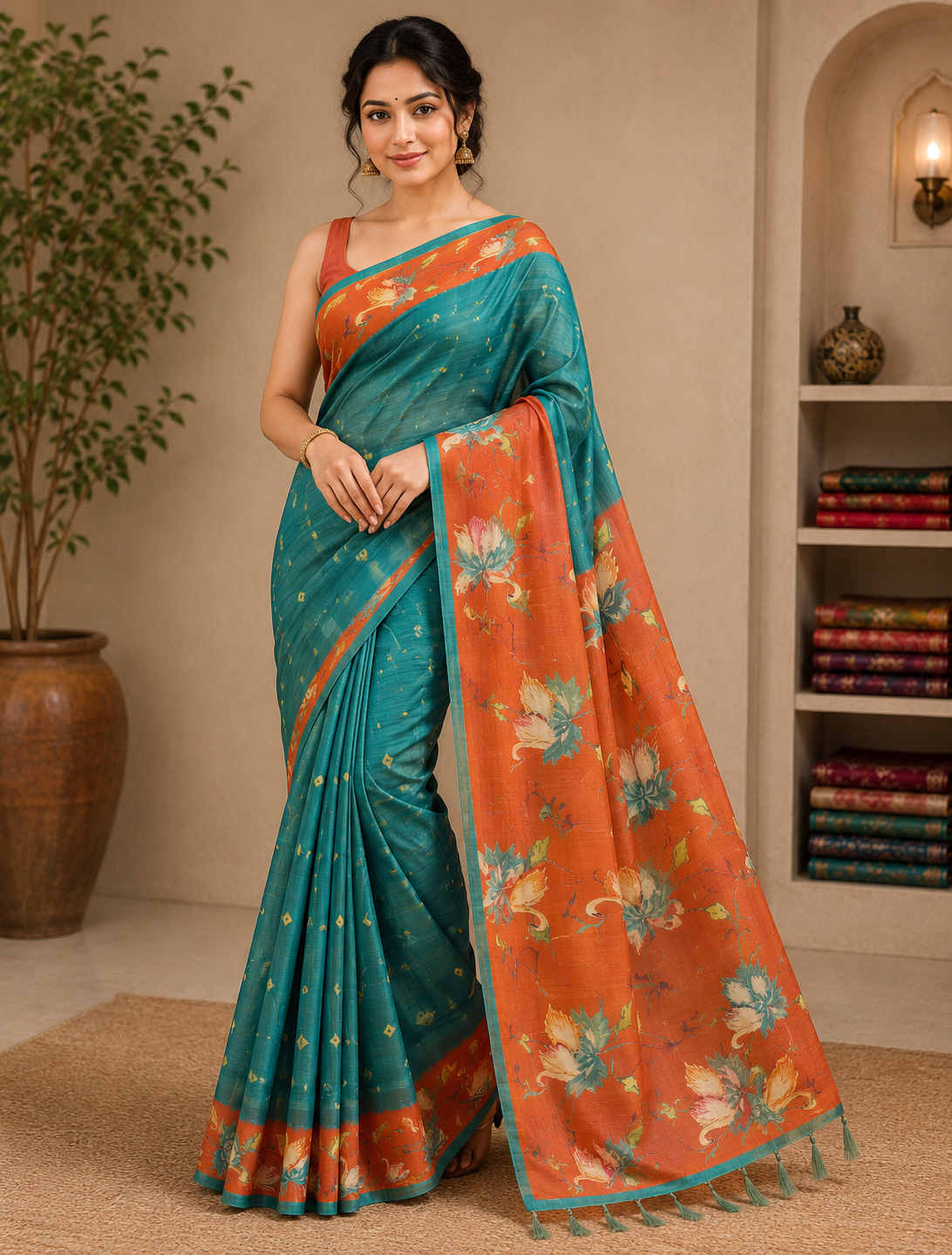 Green Orange Border saree- CNA261