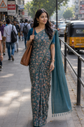 Teal green checked saree- CNA276