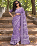 Lavender Block Print Linen Cotton saree- CNA289