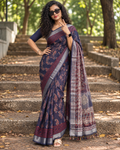 Royal Blue Block Print Linen Cotton saree -CNA298