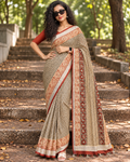 white checks block print Linen Cotton saree -CNA300