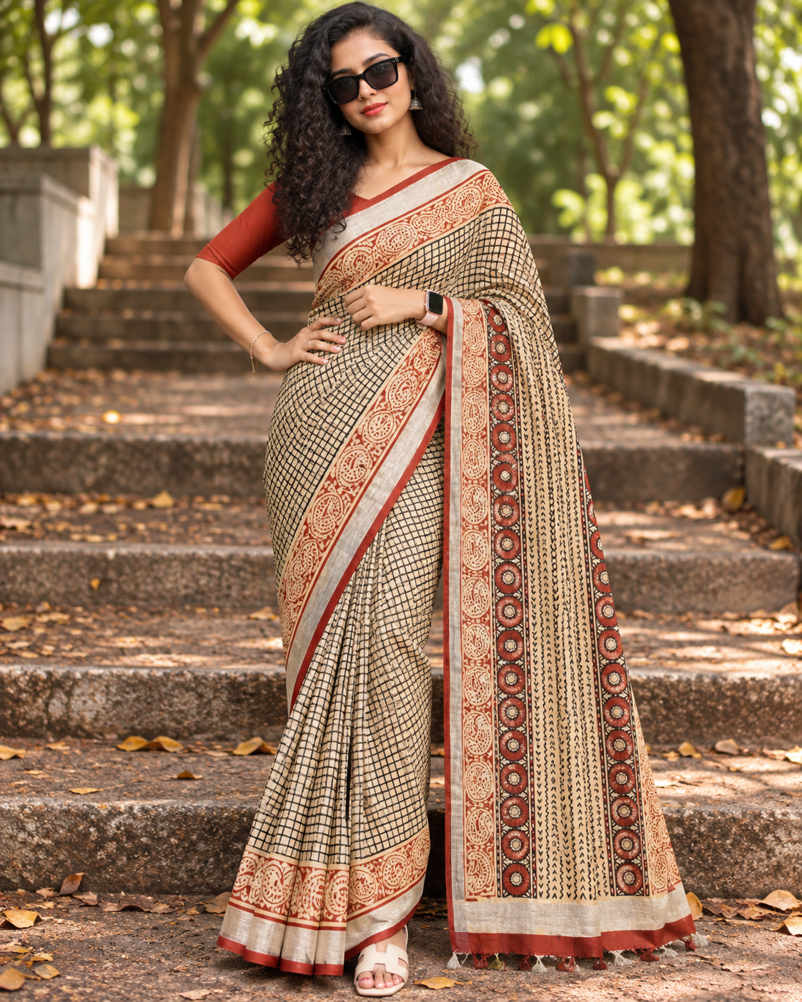 white checks block print Linen Cotton saree -CNA300