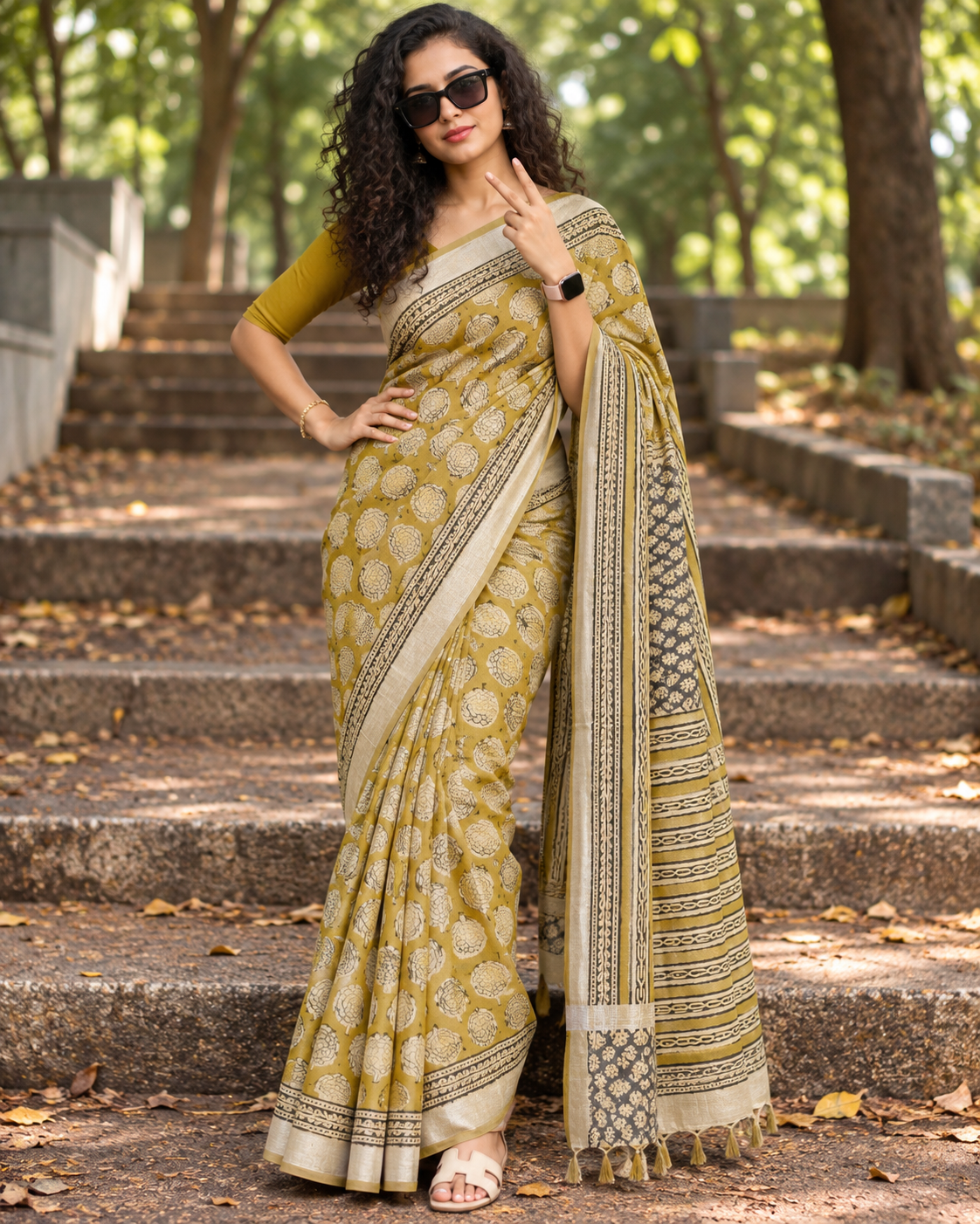Yellow Block Print Linen Cotton saree- CNA304