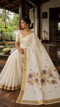 Gold and Lavender Kerala onam tissue silk in with beautiful floral stone work designs -COS002