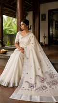 Silver and Red Kerala onam tissue silk in saree with beautiful mango motifs designs- COS102