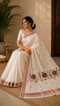 Gold and Teal green Kerala onam tissue silk in saree with beautiful floral zari work designs - COS103