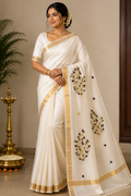 Gold and Multy color Kerala onam tissue silk in with beautiful floral zari work designs - COS101