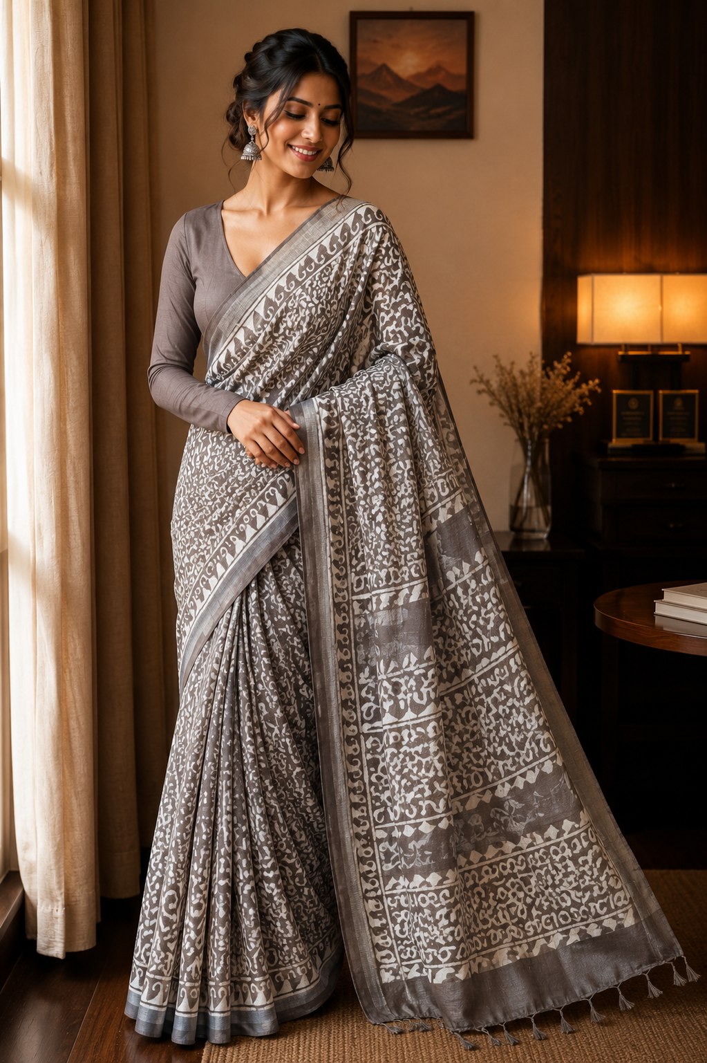 Gray Linen Cotton saree CNA302