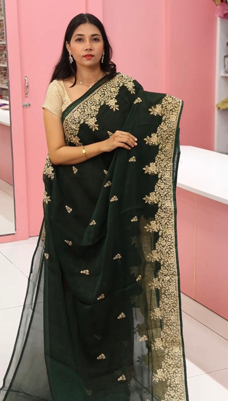 Bottel Green Designer Saree